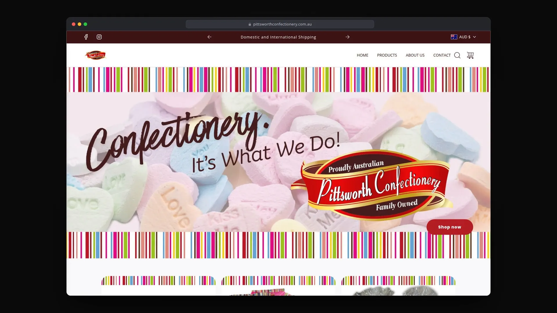 Pittsworth Confectionery's website in a browser window.
