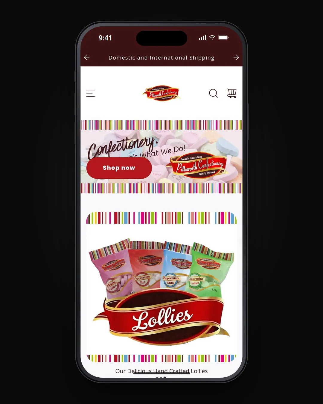 Pittsworth Confectionery's website on a phone.